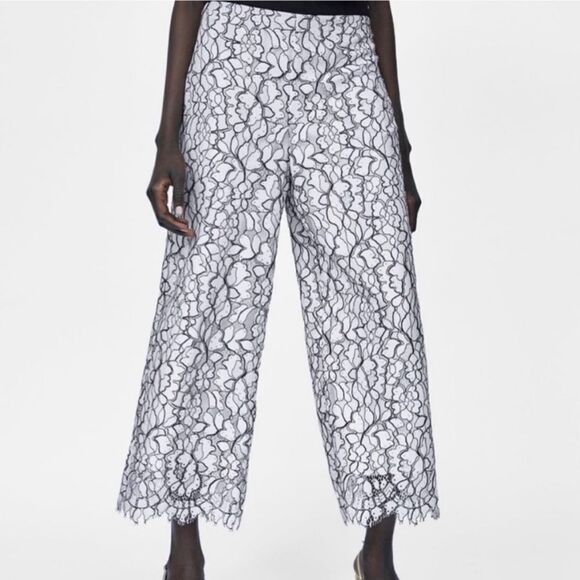 Zara Basic Lace Overlay Wide-Leg Cropped Pants Medium Floral - Picture 1 of 11